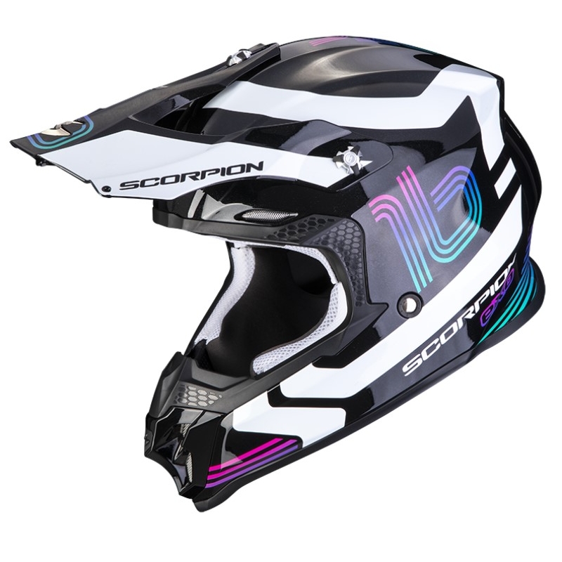 Cască de motocros Scorpion VX-16 EVO AIR TUB negru-alb-roz metalizat