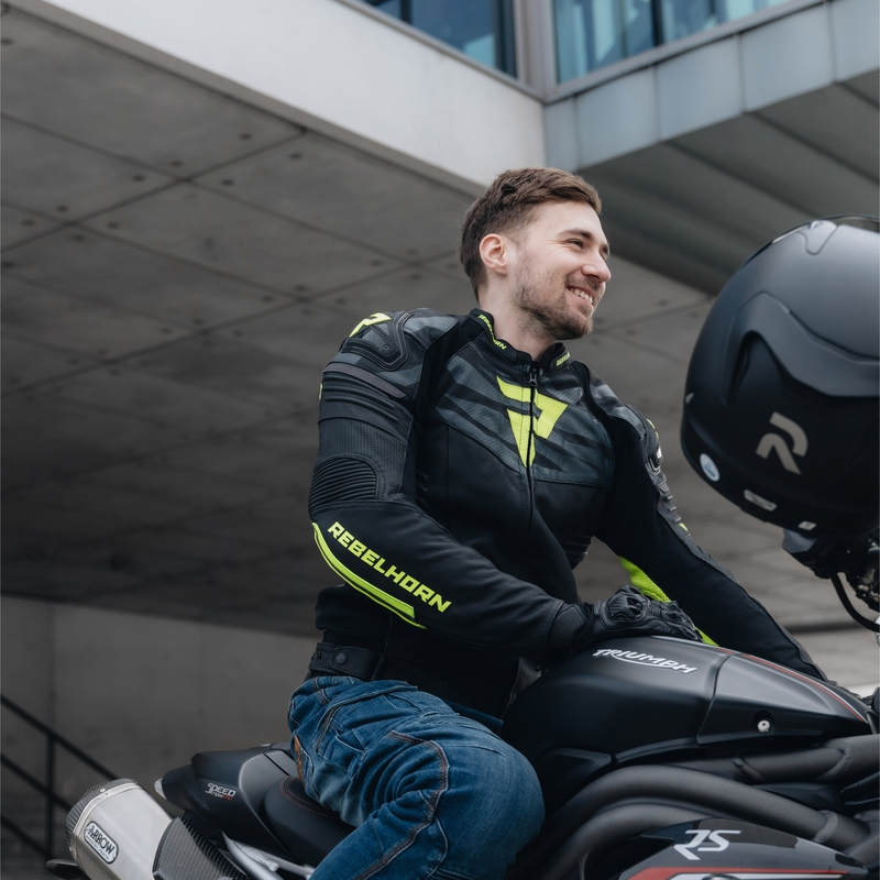 Jachetă de motocicletă din piele Rebelhorn Vandal Black-Fluo Yellow lichidare