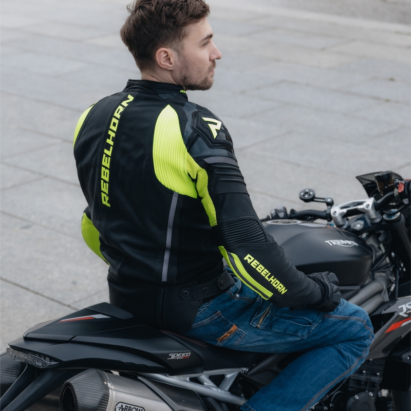 Jachetă de motocicletă din piele Rebelhorn Vandal Black-Fluo Yellow lichidare