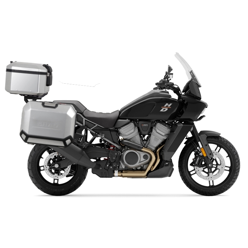 Set complet de cutii de aluminiu SHAD TERRA, 48L cutie centrala  si  47L / 47L cutii laterale, incluzand kit montaj si placa SHAD Harley Davidson Pan America 1250