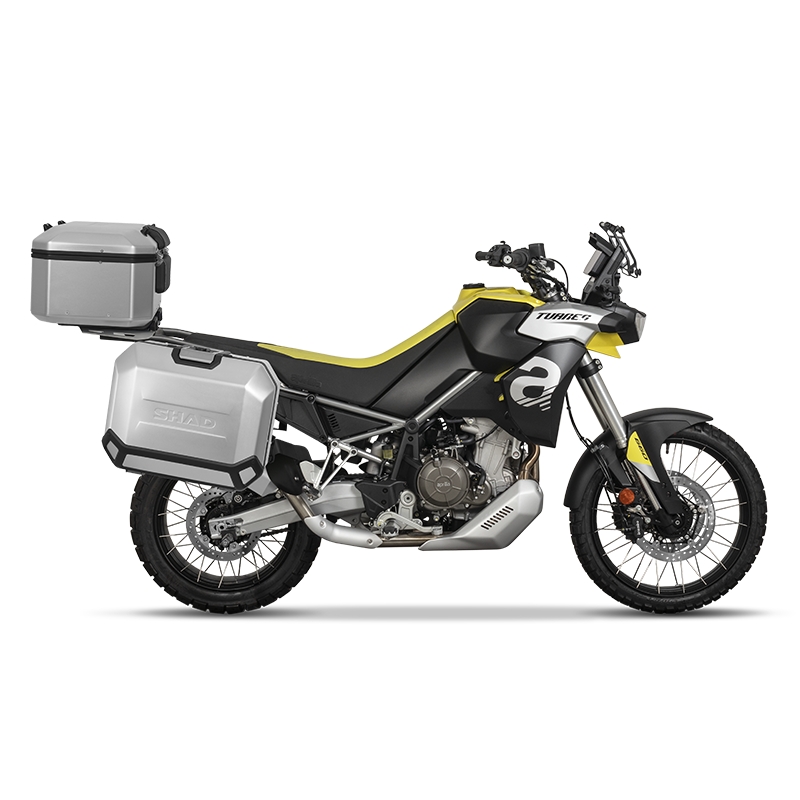 Set complet de cutii de aluminiu SHAD TERRA, 48L cutie centrala  si  47L / 47L cutii laterale, incluzand kit montaj si placa SHAD Aprilia Tuareg 660