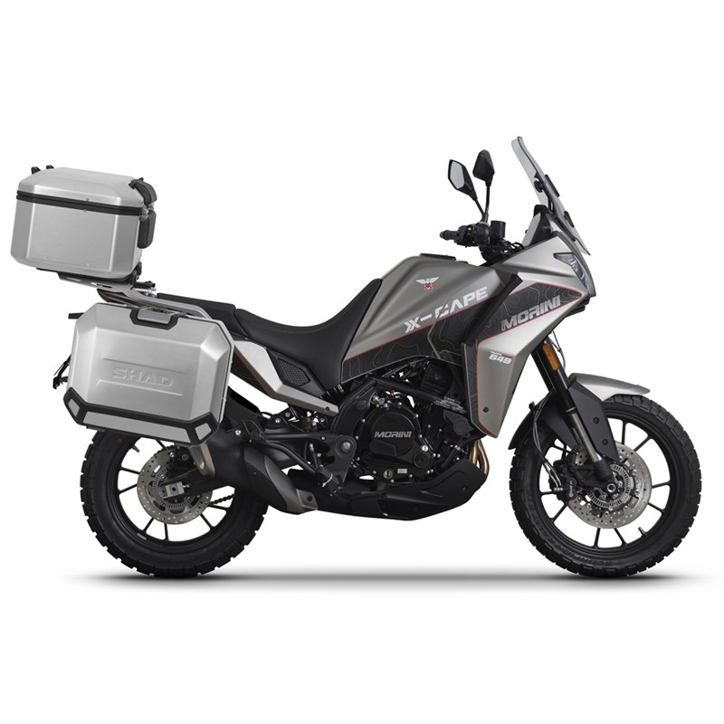 Complete set of aluminum cases SHAD TERRA, 55L topcase + 36L / 36L side cases, including mounting kit and plate SHAD Moto Morini X-Cape 649