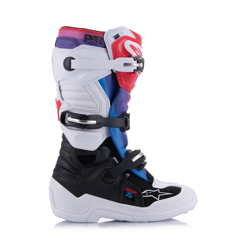 Ghete motocross Alpinestars Tech 7 S pentru copii, alb-negru-roșu-albastru-violet