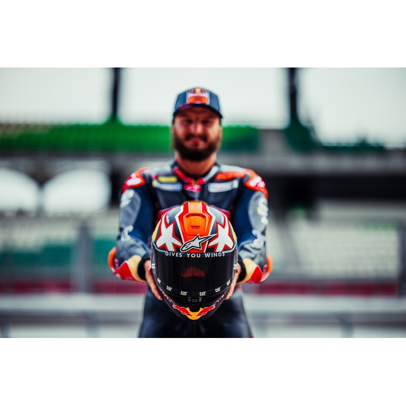 Cască integrală pentru motocicletă Alpinestars Supertech R-10 Team carbon fluo roșu-albastru-alb mat