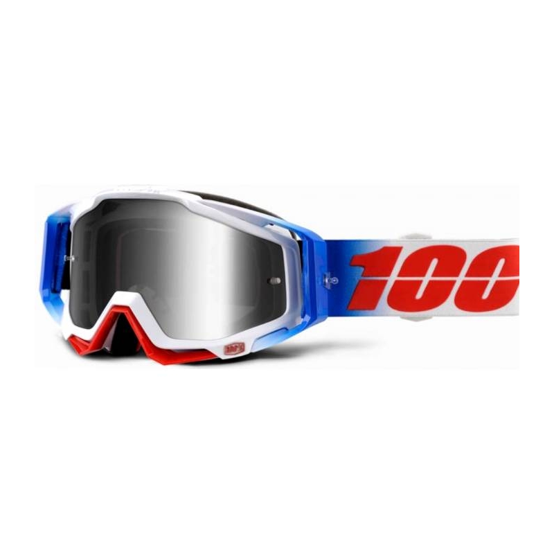 Ochelari de protecție 100% Racecraft Fourth albastru-alb-roșu (plexi argintiu cromat + plexi transparent)