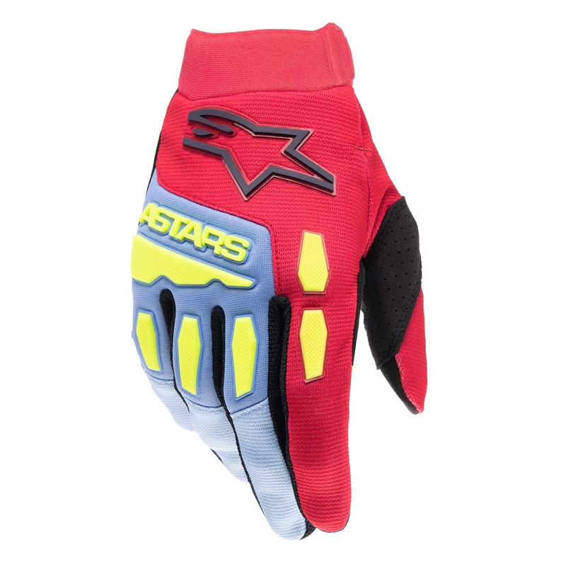 Mănuși de motocross Alpinestars Full Bore albastru deschis-roșu-galben fluo-negru