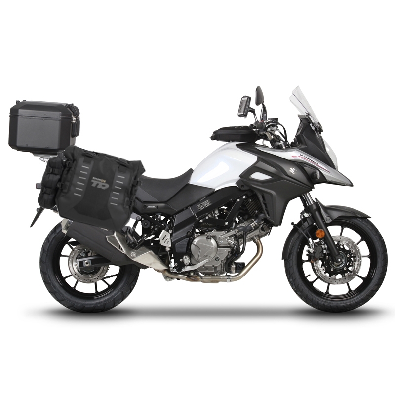Set complet de genti laterale adventure SHAD TERRA TR40 si topcase din aluminiu SHAD TERRA BLACK 37L, incluzand kitul de montaj SHAD SUZUKI DL 650 V-Strom