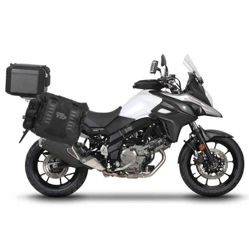 Set complet de genti laterale adventure SHAD TERRA TR40 si topcase din aluminiu SHAD TERRA BLACK 48L, incluzand kitul de montaj SHAD SUZUKI DL 650 V-Strom