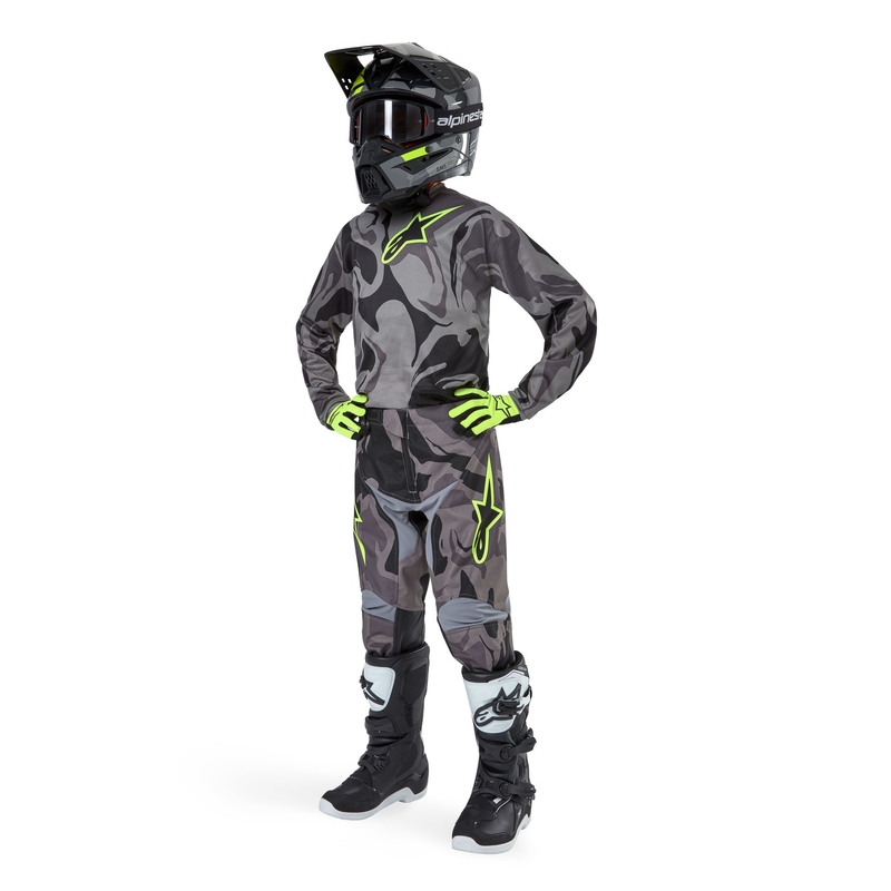 Tricou de motocros pentru copii Alpinestars Racer Tactical 2024 negru camuflaj-fluo-galben-negru