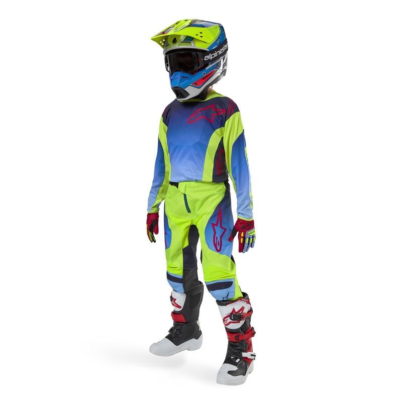 Pantaloni motocross copii Alpinestars Racer Hoen galben fluo-albastru-rosu