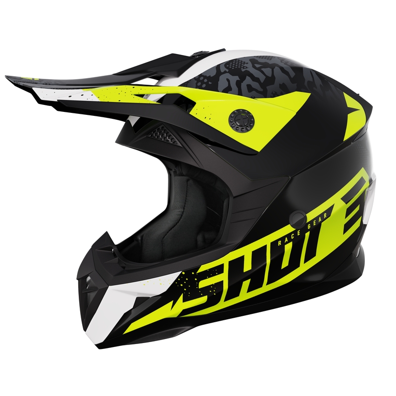 Casca motocross copii Shot Pulse Airfit negru-alb-galben fluo lucios lichidare