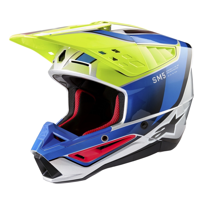 Casca motocross Alpinestars S-M5 Sail galben fluo-albastru-argintiu
