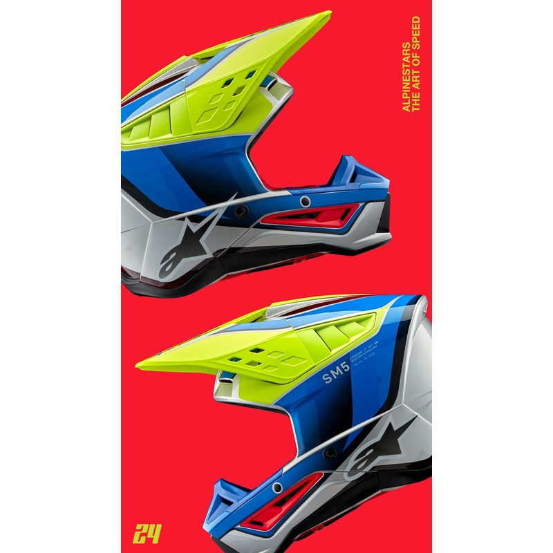 Casca motocross Alpinestars S-M5 Sail galben fluo-albastru-argintiu