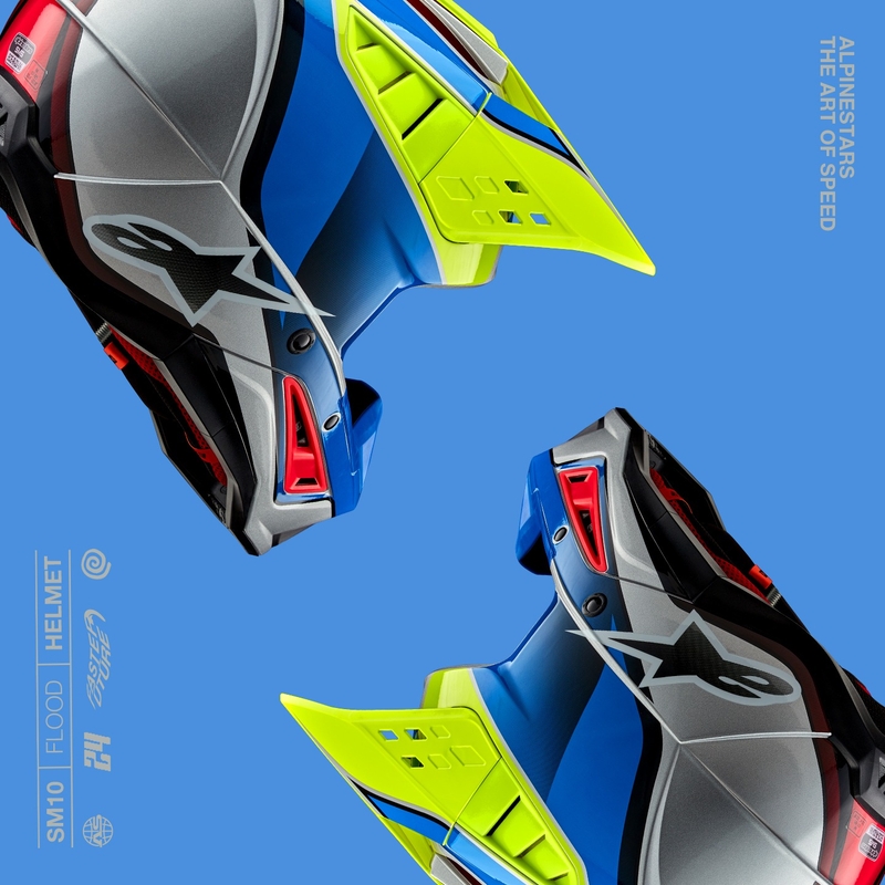 Casca motocross Alpinestars S-M5 Sail galben fluo-albastru-argintiu