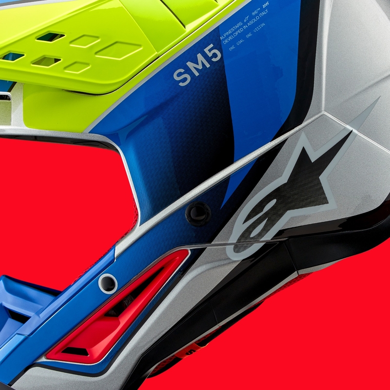 Casca motocross Alpinestars S-M5 Sail galben fluo-albastru-argintiu