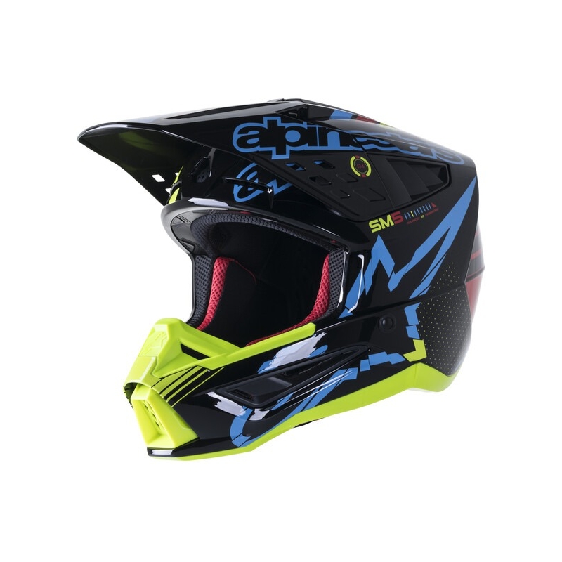 Casca motocross Alpinestars S-M5 Action galben fluo-negru-albastru-rosu inchis