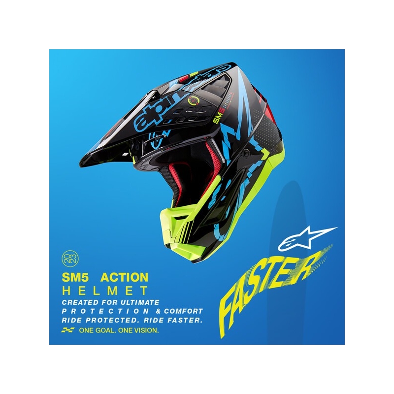 Casca motocross Alpinestars S-M5 Action galben fluo-negru-albastru-rosu inchis