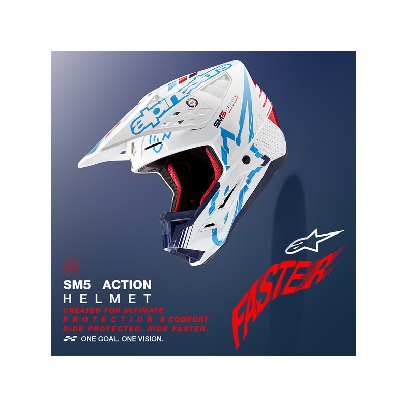 Casca motocross Alpinestars S-M5 Action alb-albastru-negru-rosu inchis