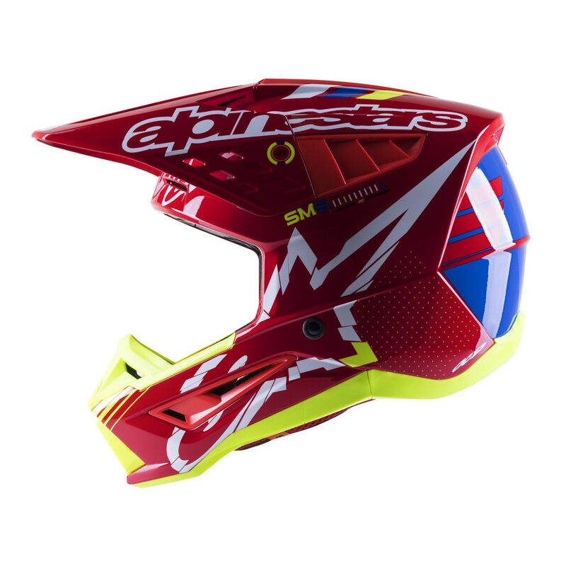 Casca motocross Alpinestars S-M5 Action rosu-galben fluo-alb albastru