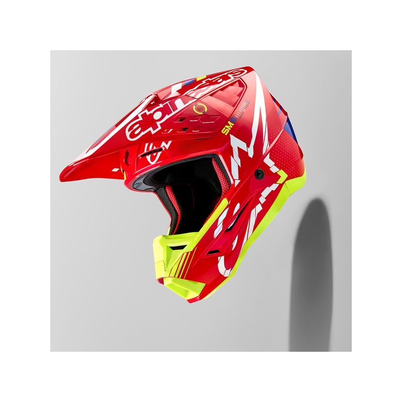 Casca motocross Alpinestars S-M5 Action rosu-galben fluo-alb albastru