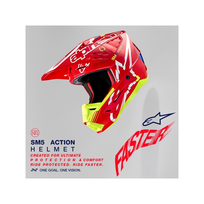 Casca motocross Alpinestars S-M5 Action rosu-galben fluo-alb albastru