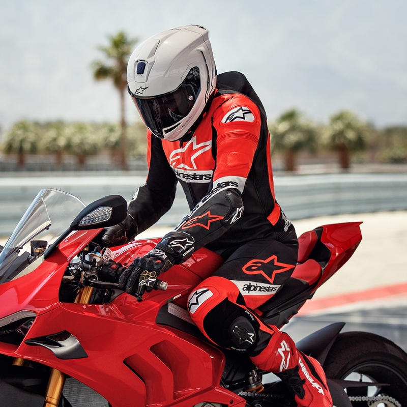 Costum moto Alpinestars Missile 2 Ward din piele negru-rosu fluo-alb