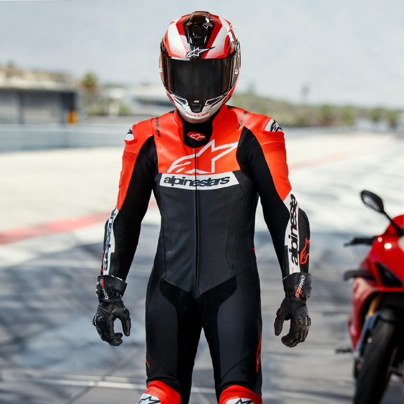 Costum moto Alpinestars Missile 2 Ward din piele negru-rosu fluo-alb