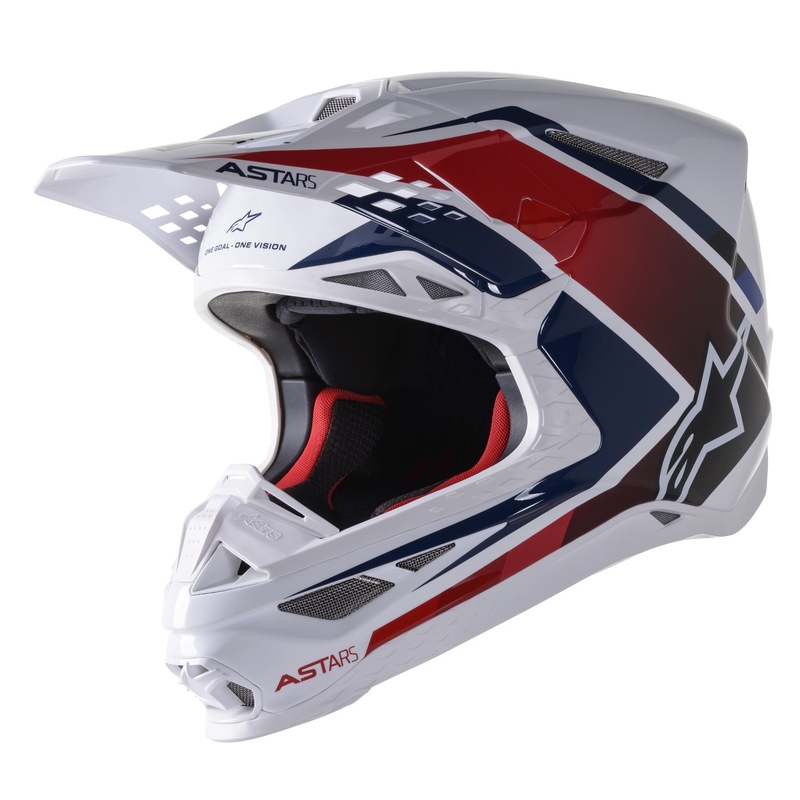 Casca de motocross Alpinestars S-M10 Carbon Meta2 alb-rosu-albastru lucios