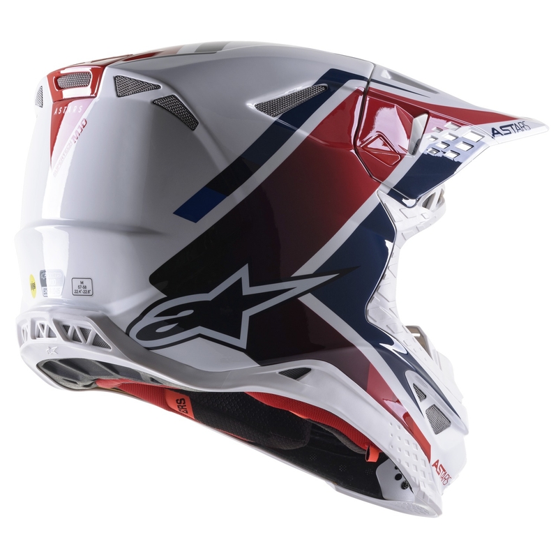 Casca de motocross Alpinestars S-M10 Carbon Meta2 alb-rosu-albastru lucios