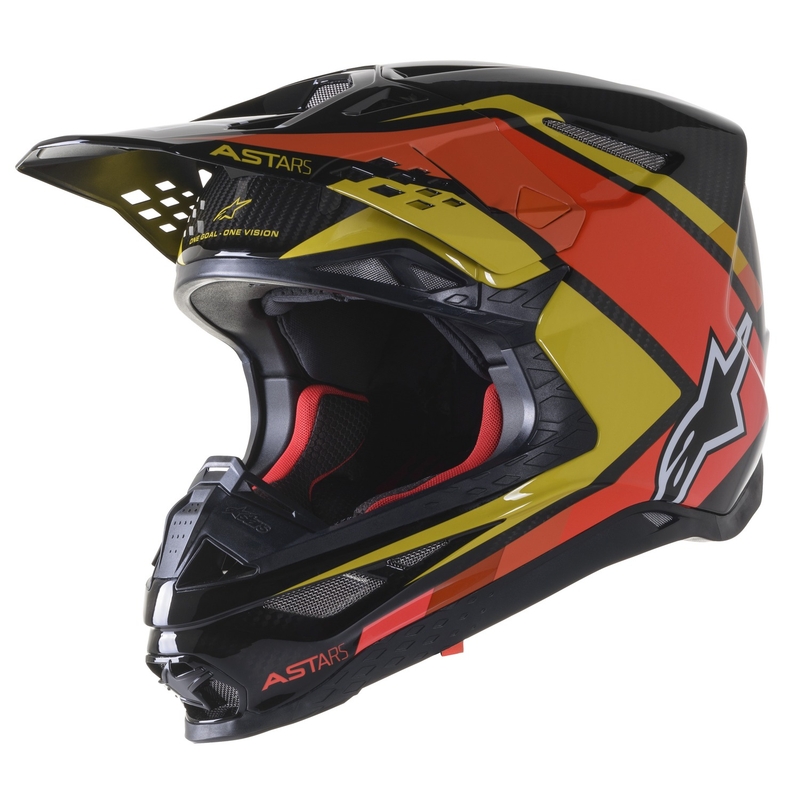 Casca motocross Alpinestars S-M10 Carbon Meta2 negru-galben-portocaliu lucios