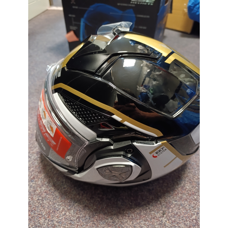 Cască de motocicletă rabatabilă LS2 FF901 Advant X Metryk negru-alb-auriu - II. calitate