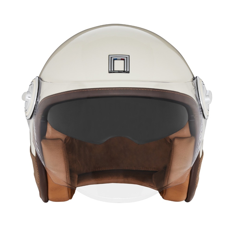 Cască de motocicletă NOX PREMIUM Heritage Open Face, alb-crem, cu piele maro