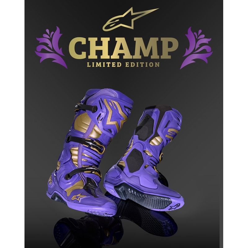 Cizme de motocicletă Alpinestars Tech 10 Ediție limitată Champ Purple-Gold