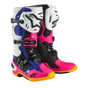 Ghete de motocicletă Alpinestars Tech 10 Limited Edition Coast Alb-Bleumarin-Roz-Galben Fluo-Portocaliu-Negru