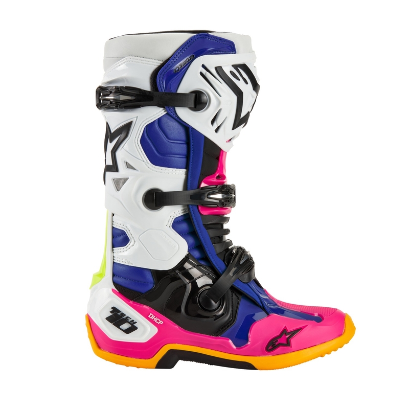 Ghete de motocicletă Alpinestars Tech 10 Limited Edition Coast Alb-Bleumarin-Roz-Galben Fluo-Portocaliu-Negru