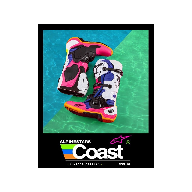 Ghete de motocicletă Alpinestars Tech 10 Limited Edition Coast Alb-Bleumarin-Roz-Galben Fluo-Portocaliu-Negru