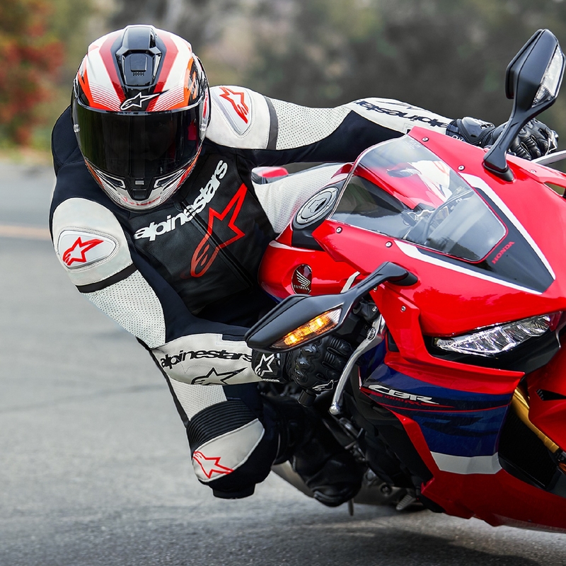 Costum moto dintr-o bucată din piele Alpinestars GP Force Lurv roșu fluo-alb-negru