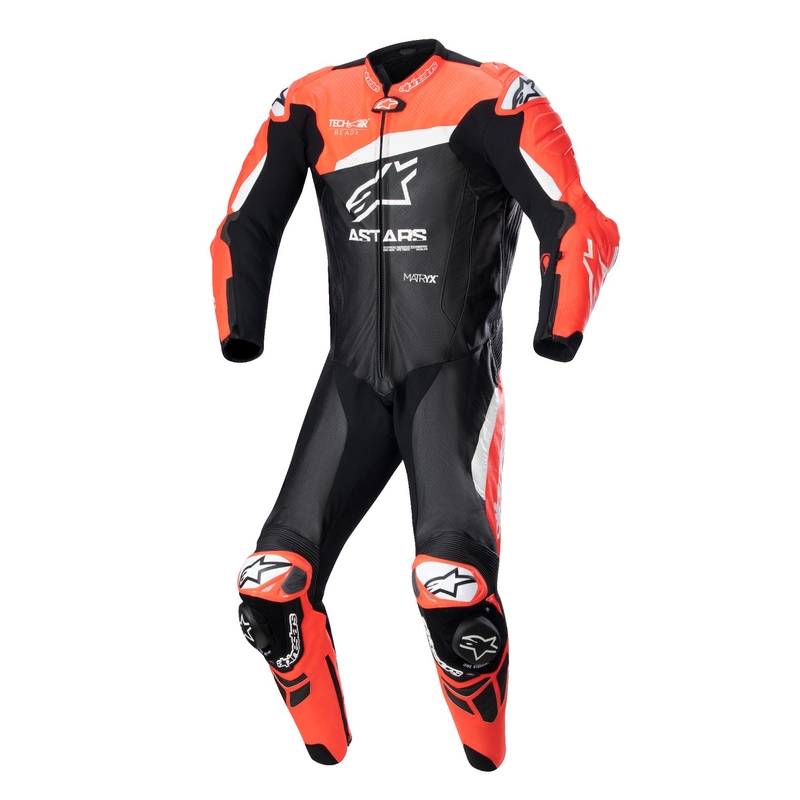 Costum dintr-o bucată din piele compatibil Alpinestars GP Plus 4 TECH-AIR negru-rosu fluo-alb lichidare
