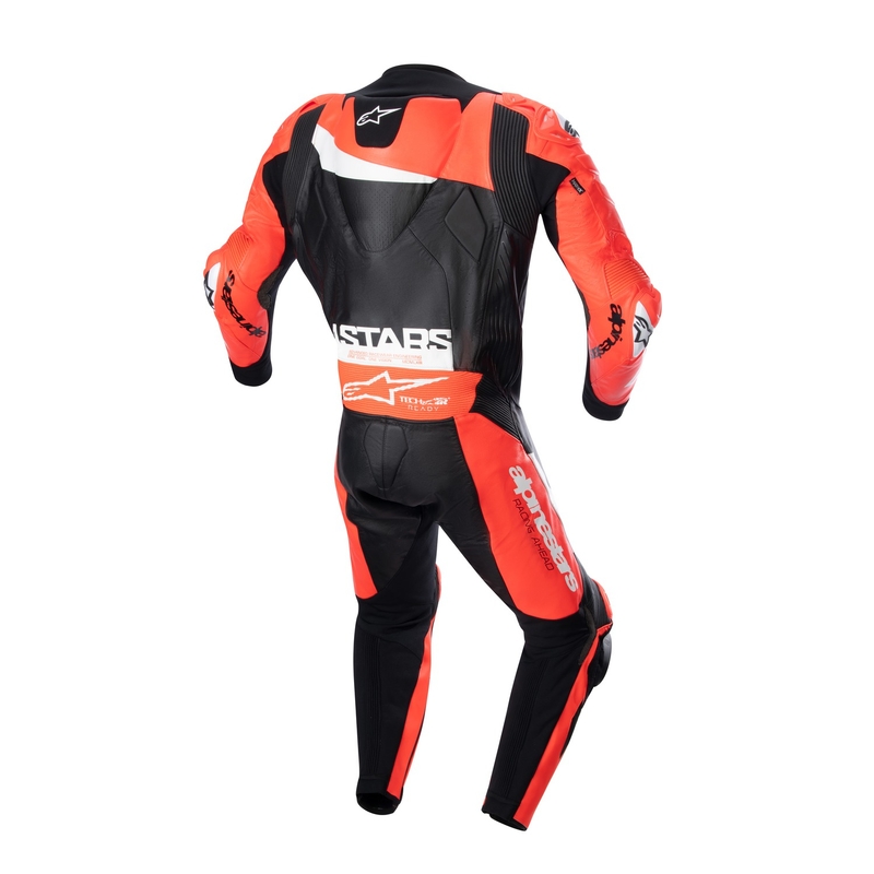 Costum dintr-o bucată din piele compatibil Alpinestars GP Plus 4 TECH-AIR negru-rosu fluo-alb lichidare