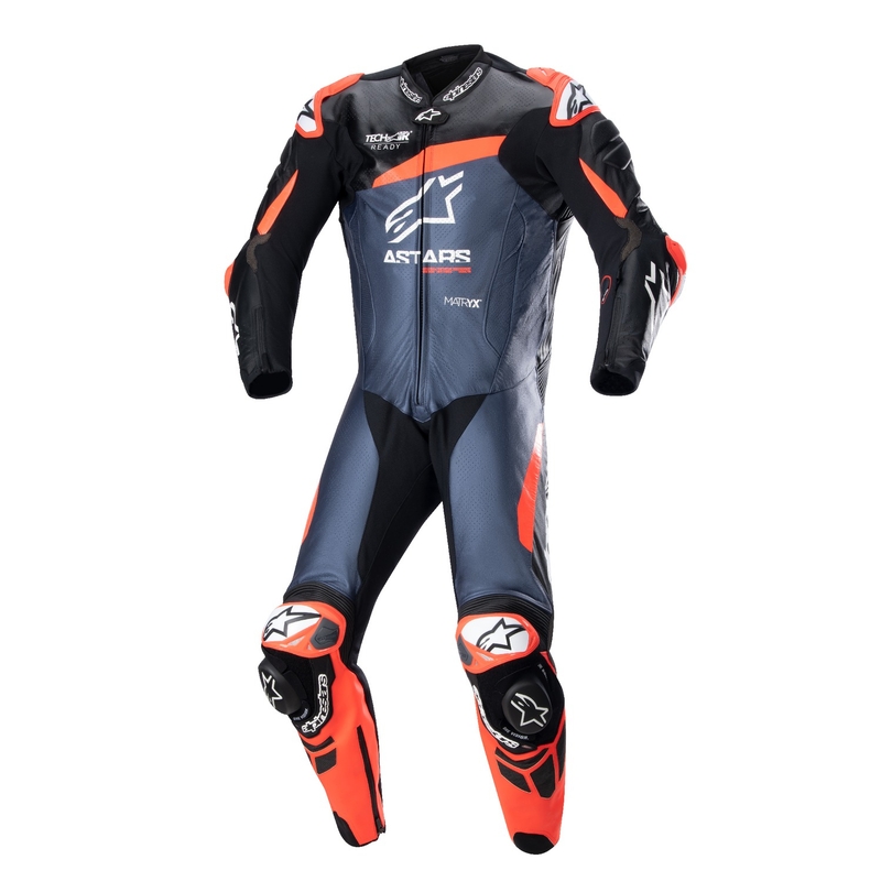 Costum dintr-o bucată din piele Alpinestars GP Plus 4 compatibil TECH-AIR Negru-Roșu Fluo-Blunmarin