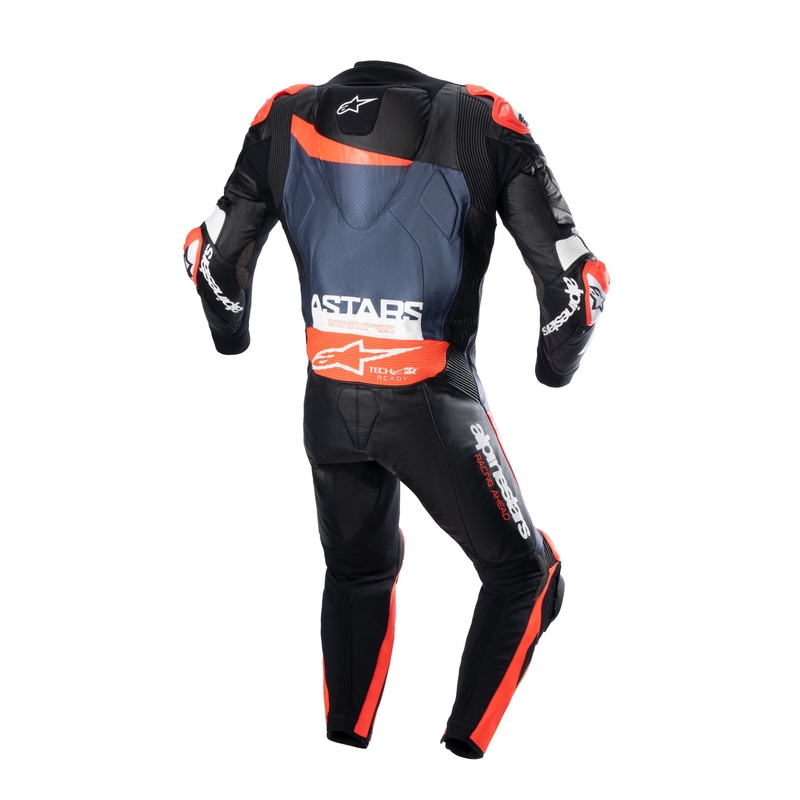 Costum dintr-o bucată din piele Alpinestars GP Plus 4 compatibil TECH-AIR Negru-Roșu Fluo-Blunmarin
