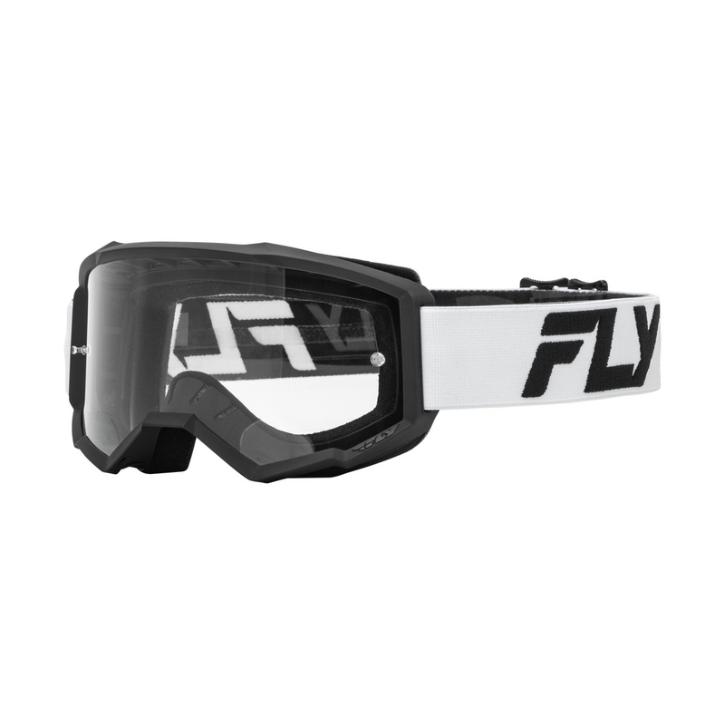 Ochelari de protecție motocross pentru copii FLY Racing Focus alb-negru cu plexiglas transparent