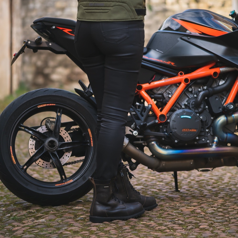 Blugi de motocicletă tăiați pentru femei, Jeggins cu ceară AA, aprobați original Oxford, negri