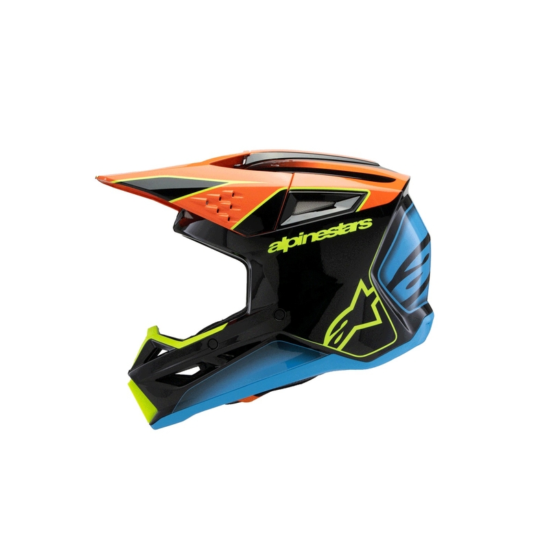 Cască motocross Alpinestars S-M3 FRAY pentru copii, negru-portocaliu fluo-galben fluo-turcoaz