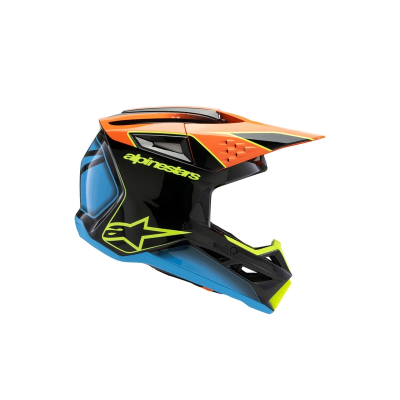 Cască motocross Alpinestars S-M3 FRAY pentru copii, negru-portocaliu fluo-galben fluo-turcoaz