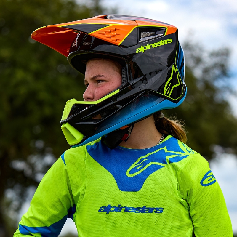 Cască motocross Alpinestars S-M3 FRAY pentru copii, negru-portocaliu fluo-galben fluo-turcoaz
