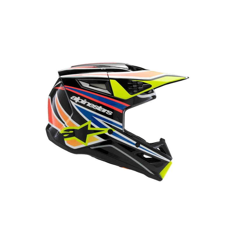 Cască motocross Alpinestars S-M3 WURX pentru copii, negru-galben fluo-albastru-roșu