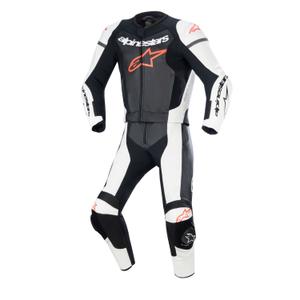 Costum din două piese Alpinestars GP Force Lurv 2025 din piele alb-negru-roșu fluo