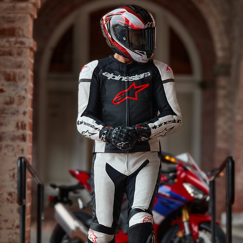 Costum din două piese Alpinestars GP Force Lurv din piele alb-negru-roșu fluo