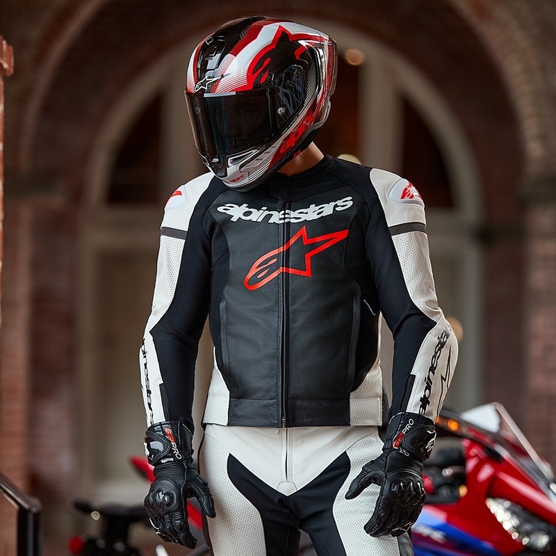 Costum din două piese Alpinestars GP Force Lurv din piele alb-negru-roșu fluo
